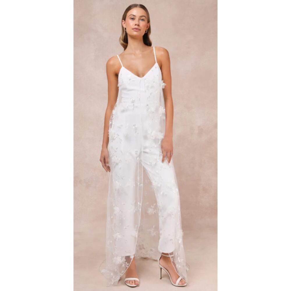 Lulus Elegance White Mesh Floral Embroidered Cape Jumpsuit‎ Bridal Shower XS